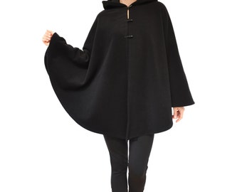 Black Wool Cape, Hooded Cape, Black Wool Poncho, Black Wool Cloak, Plus Size Cape Coat, Medieval Cloak, Cashmere Wool Coat