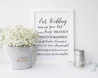 Wedding Open Bar Sign, Printable Wedding Decor, 5x7 AND 8x10 INSTANT DOWNLOAD, Wedding Bar Sign, Open Bar Signage, Drunken Shenanigans