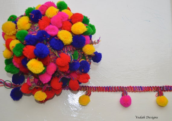 color trim pom multi pom pom pom Unique Pompom VedahDesigns trim Handmade by multicolored