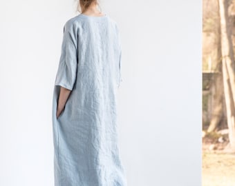 Washed maxi linen KIMONO tunic in ice blue/silver grey. Oversize linen dress. V neckline linen dress in ice blue/silver grey