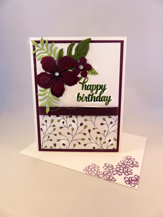 HAPPY BIRTHDAY FLORAL Botanical Hand Stamped Birthday Card in