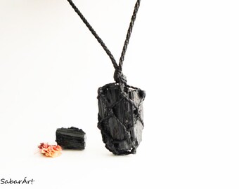 Raw tourmaline necklace, raw black tourmaline necklace, raw black tourmaline pendant, tourmaline jewelry, jet black, Crystal Necklaces