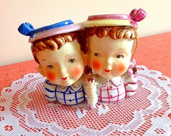 Cute boy and girl twins Napco head vase planter