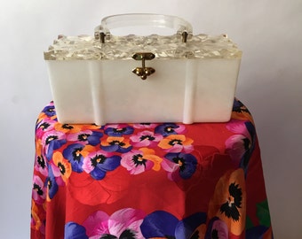 Pearl Tone Lucite Purse with Carved Top