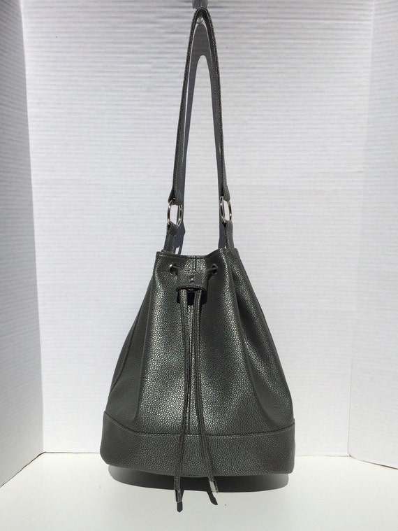 Pebbled Metallic Gray Drawstring Bonnie Bucket Bag