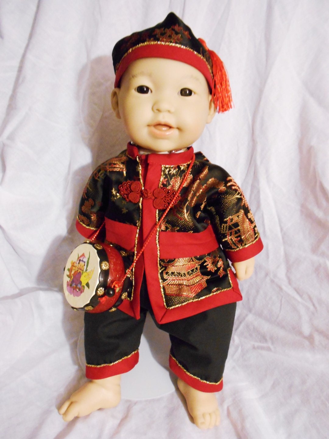 Baby Asian China Doll Black / Red Boy with Drum up-cycled