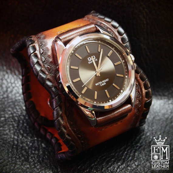 Leather Cuff Watch sunburst brown fade Traditional American ROCKSTAR Bracelet made for YOU in NYC by Freddie Matara