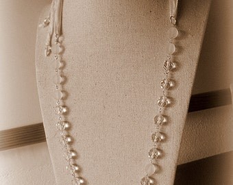 Crystal necklace clear and matt. Chain rosary handmade crystal beads and silk.Elegant necklace transparent and white. Bright.Frozen faceted