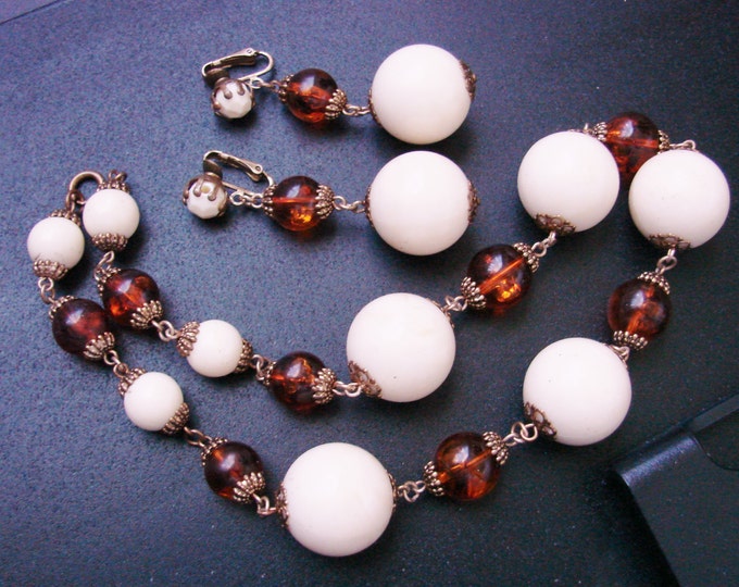 Faux Amber & Creamy Lucite Bead Necklace / Matching Chandelier Earrings / Demi Parure / Vintage / Jewelry / Jewellery