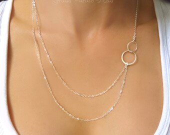 Layered and Long Sterling Silver Necklace, Asymmetrical Necklace, Double Layer Long Necklace Gold, Layering Jewelry Rose Gold, Sideways