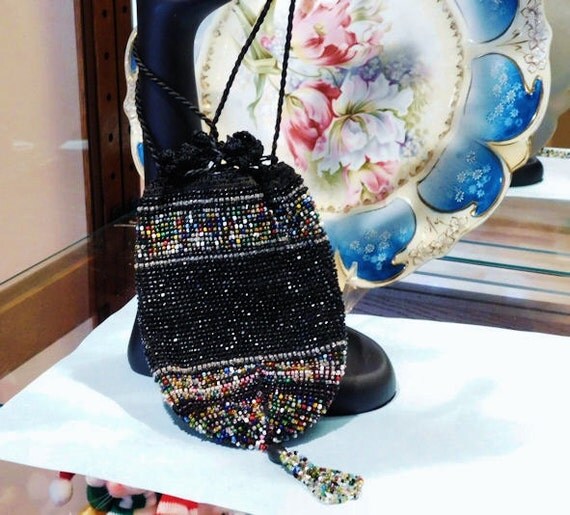 1800s Antique Micro Beaded Purse Drawstring Germany Victorian Reticule Pouch Bag Bead Tassel Crochet Top Satin Lining Victorian Fashion Bag