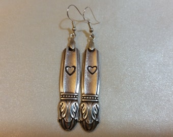 Spoon Jewelry Hand Stamped w hearts OOAK Med-Long Spoon Earrings Actual Photo 1930s Recycled Silver Plated Vintage unique hostess gift boxed