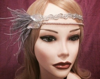 1920's inspired iridescent rose gold sequin silver flapper headband head piece headpiece hair gatsby 1920s girl ostrich feather ivory (616)