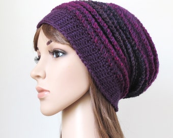 Purple Wool Hat, Women's Winter Hat, Boho Crochet Beanie, Teen Girl Slouch, Magenta Oversized Dark Plum Slouchy Beanie, Lavender Beanie