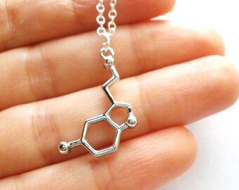 SALE -Silver SEROTONIN Molecule Pendant Necklace -Shiny Silver Science Necklace -Sterling Silver plated delicate Chain -Happiness Necklace