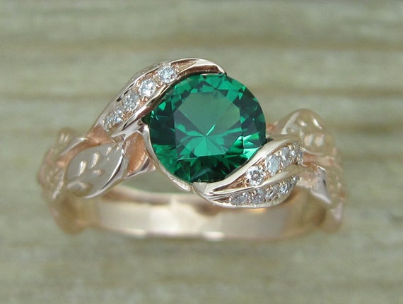 Rose gold  Leaf  Ring  Emerald Leaf  Engagement  Ring  Emerald