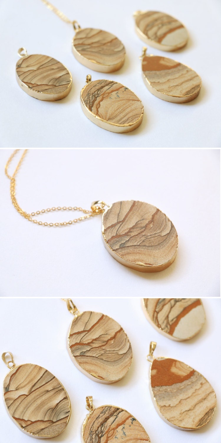 Picture jasper necklace Picture jasper cabochon Gold coated