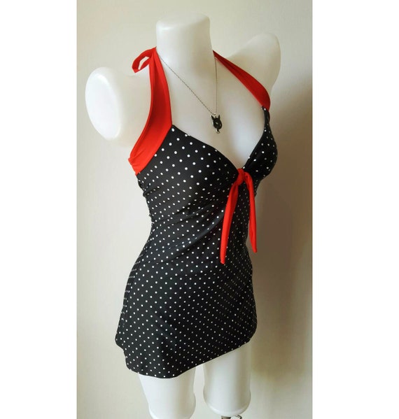 Vtg 50s Bettie Women Swimsuit In Black White Polka Dot Retro 