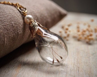 Dandelion Necklace, Terrarium Necklace, Dandelion Wish Necklace, Gold Dandelion Necklace, Graduation Gift Good Luck Necklace Bridesmaid Gift