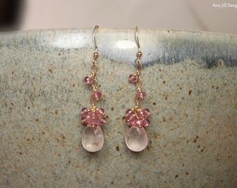 Rose Quartz and Pink Topaz Earrings, Rose Quartz Jewelry, Gold Filled, Cluster Dangle Gemstone Earrings