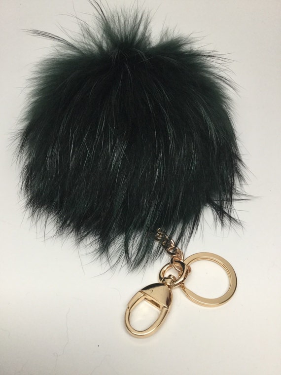 pom pom green keychain dark Pom clover Pom flower Raccoon Green Fur bag Keychain charm charm