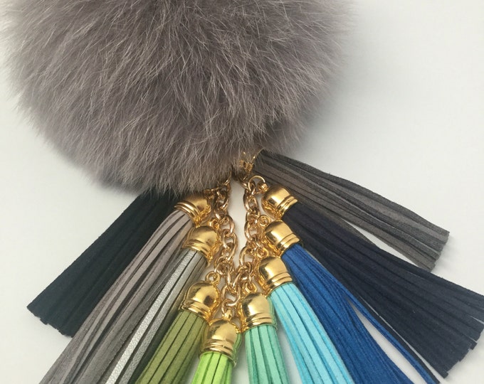 Fox Fur Pom Pom "Grey Sky" charm ball pompon bag charm tassel keychain with tassel elements charms
