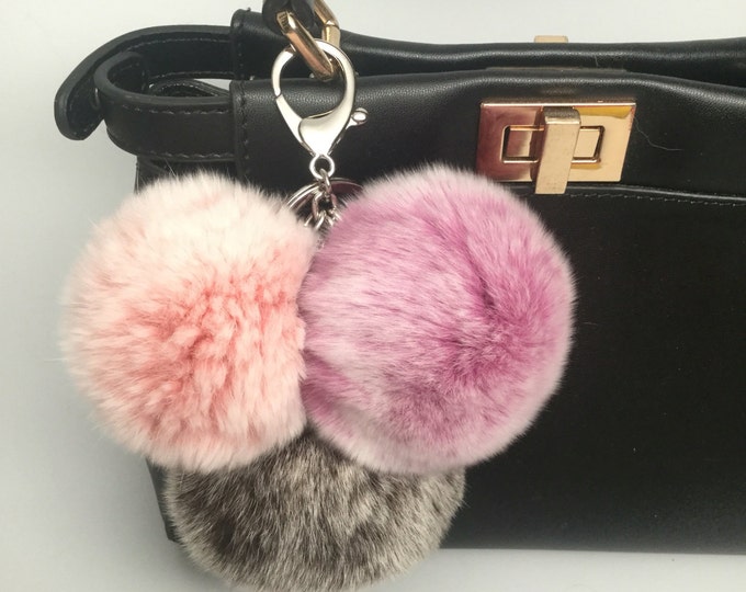 Trio rabbit fur pom pom corsage Bag Charm Totem keychain Light Pink Lavender and Brown Frost