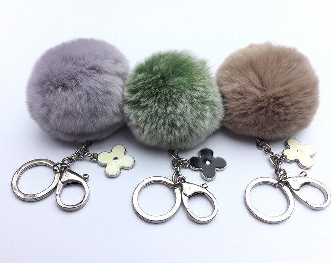 New! French Gray Fur pom pom keyring keychain fur puff ball bag pendant charm