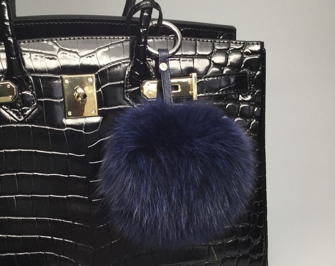 Navy Fox Fur Pom Pom luxury bag pendant with leather strap metal buckle key ring chain bag charm