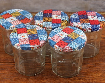 Vintage Jelly Jars With Patchwork Metal Screw Lids ~ Set of 5 ~ Circa 1980s ~ Great for a Country Kitchen or Craft Room!