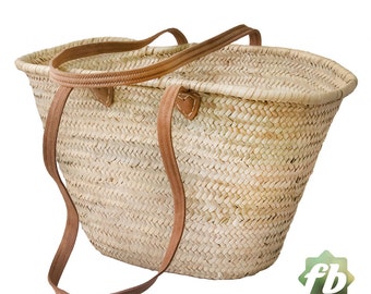 Natural Basket long Flat Leather Handle, French Basket, Moroccan Basket, straw bag, french market basket, Beach Bag, straw bag