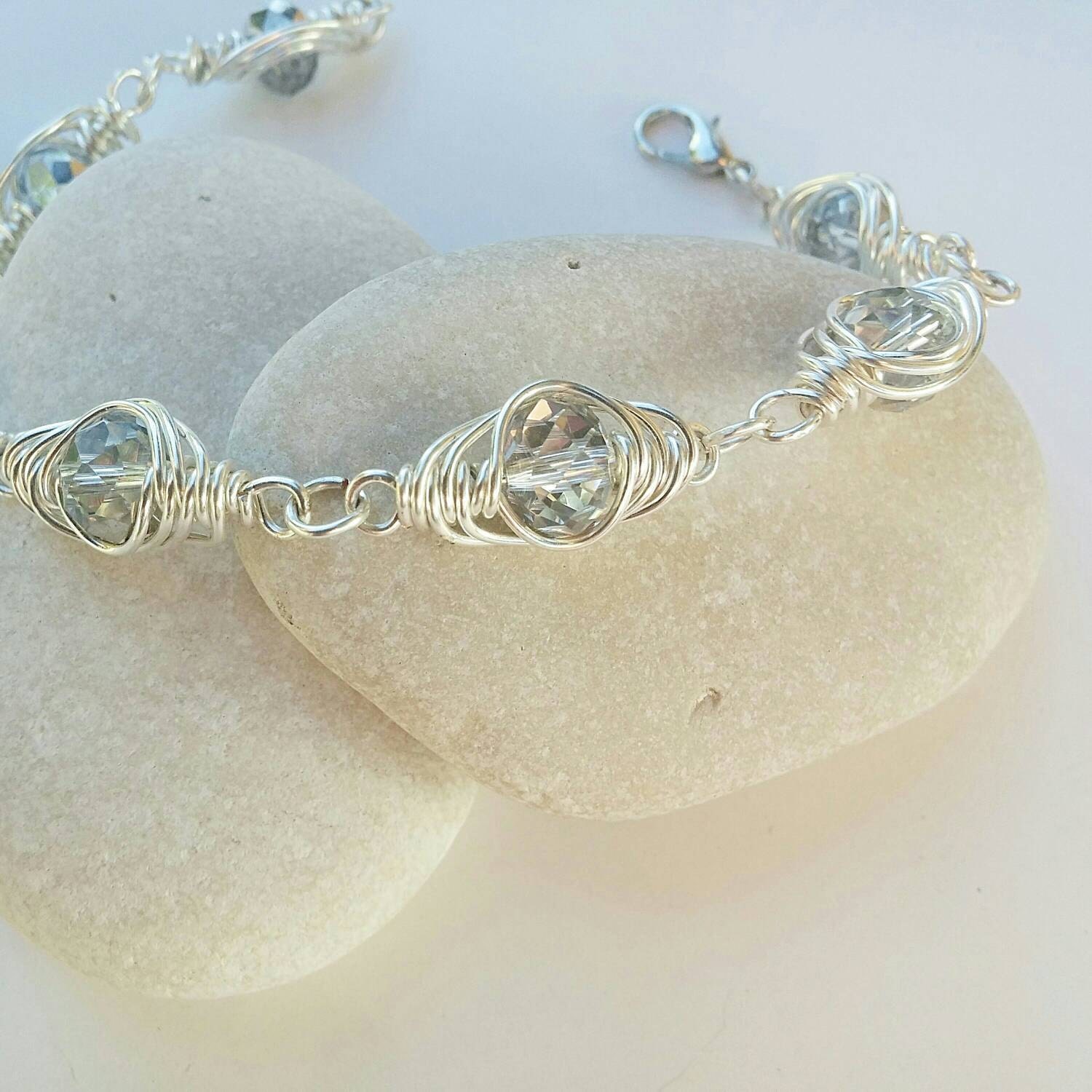 Silver beaded bracelet beaded wire bracelet wire wrapped