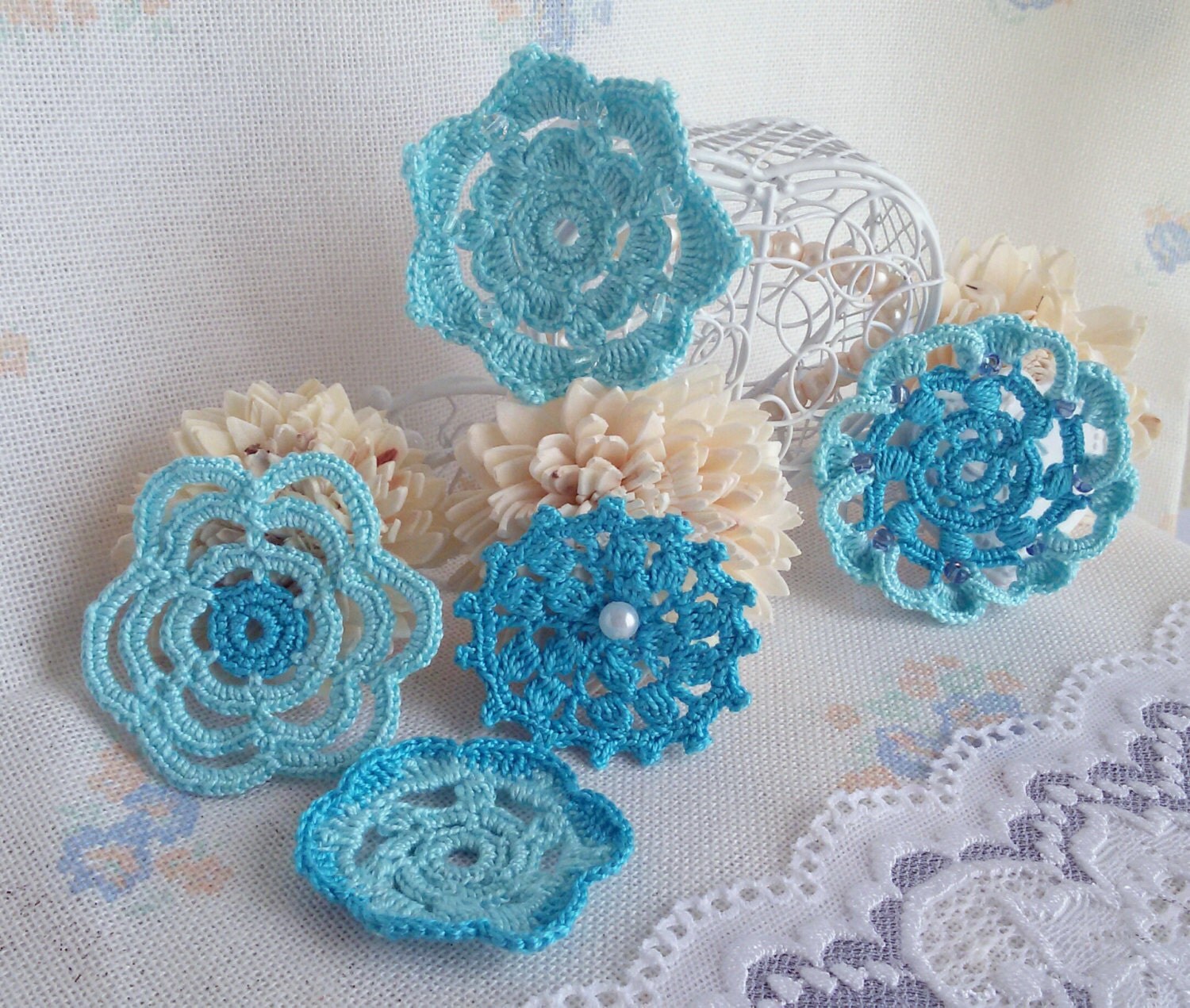 5 blue flower appliques crochet flowers blue craft supplies