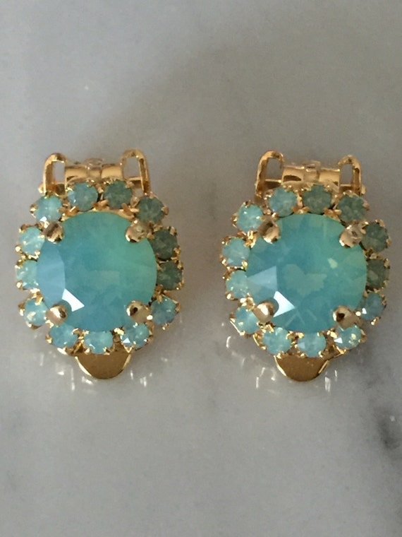 Swarovski Pacific Opal Crystal Halo Clip On Earrings, Yellow Gold