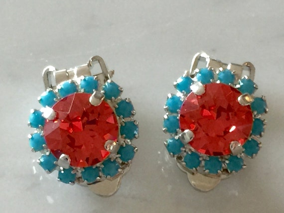 Padparadscha & Turquoise Crystal Clip On Earrings, Silver