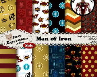 Man of Iron digital paper inspired by Marvel Comics Iron man. Designs include Iron mans colors, Arc Reactor, J.A.V.I.S., Advengers, & more