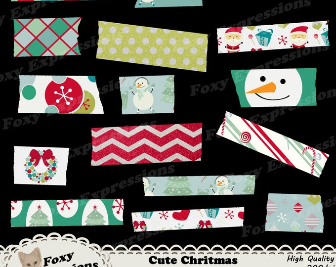 Cute Christmas digital washi pack comes in festive designs including Santa, snowman, tree, ornaments, snowflakes, gifts, wreath & candy cane