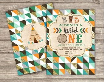 Wild One Birthday Invitations geometric Rustic first teepee forest Printable Digital woodland Fox Tribal One Invitations The big One NV4530