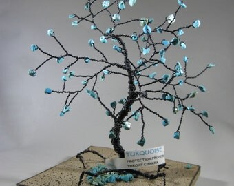 TURQUOISE Tree of Life sculpture, with black copper wire and ceramic base.