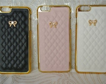 Gold Monogram Fashion Charm, or Bow Case (2 Styles) for Iphone 6 6s ~ Iphone 6 6s PLUS, with Swarovski Crystals, Leather Quilted, Sparkles!