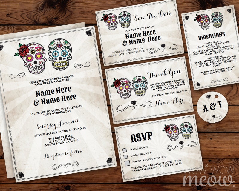 Sugar Skull Wedding Invitations Set Template Rustic Package