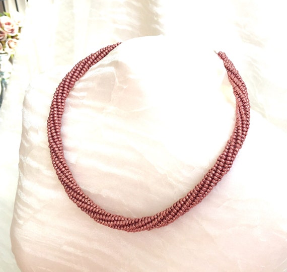 Beaded Choker Pink Metallic Netted Necklace by PureBlissJewelry