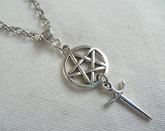 Pentagram necklace, pentacle necklace pentagram jewelry, athame dagger necklace,athame jewelry,wiccan jewelry,gift, pagan, silver pentagram