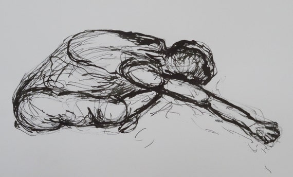Stretching an ink drawing of a female nude stretching on