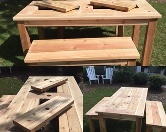 Patio Picnic Table with Drink Coolers (seats 6-8 people 36.5"x75.75") and ONE 2-3 seat bench (61" long) cedar or stained pine