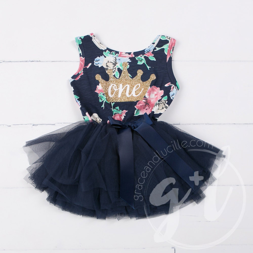 first Birthday floral outfit dress with crown and navy blue