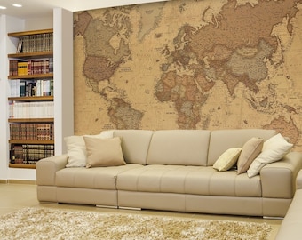 Antique Monochrome Vintage Political World Map Wallpaper - Wall Mural- 66x96
