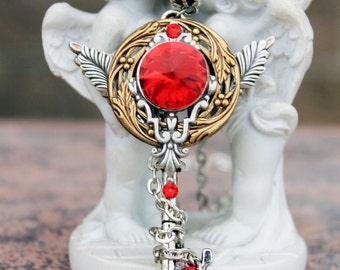 Key necklace, red necklace, red key, key jewelery, swarovski key, swarovski necklace, fantasy key