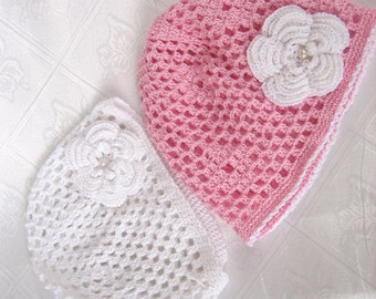 Newborn baby girl crochet hats white pink hats babies cotton sun Hats baby girl hat outfit Baby gift girl hat crochet summer Set 2 hats