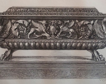 1884 original print - Coffret en forme de coffre de mariage - Small box in the forme of a marriage box - Thiers au Louvre - Wood renaissance